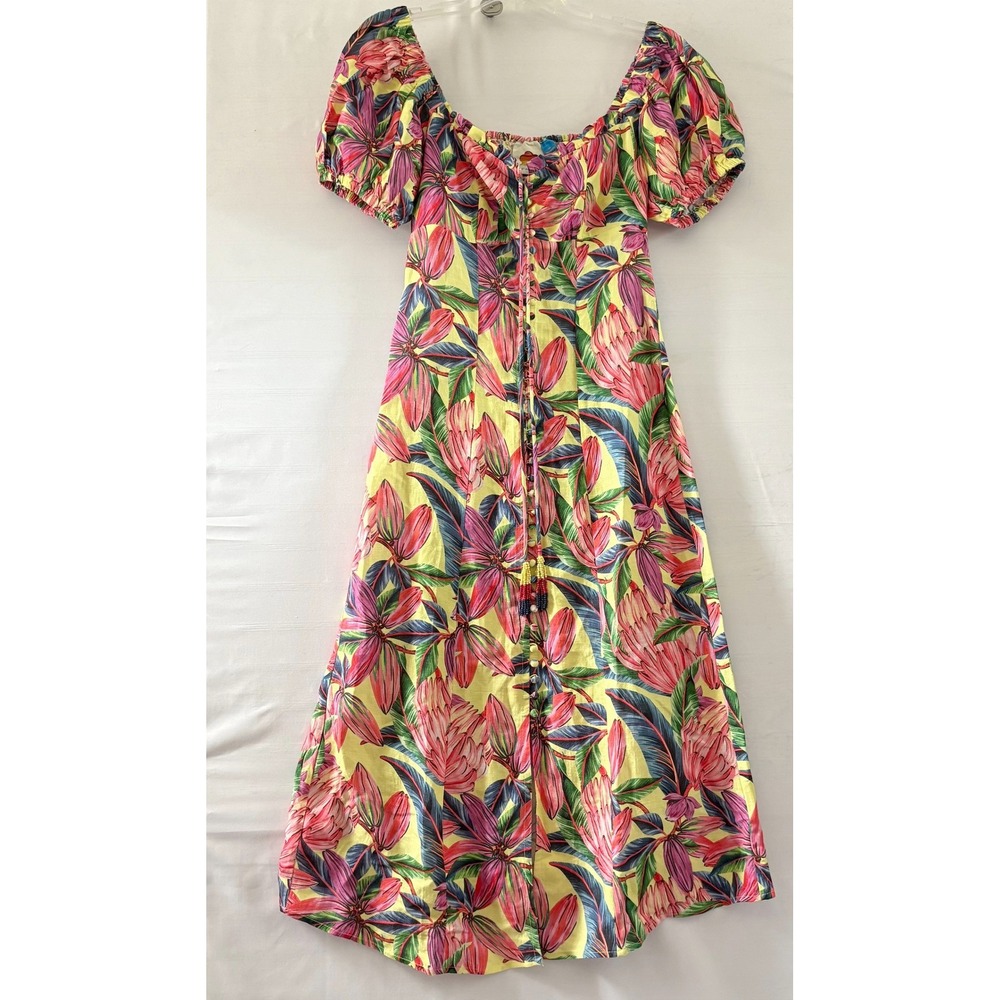 Farm Rio for Anthropologie Tropical Floral Smocked Linen Midi Dress XS NWT